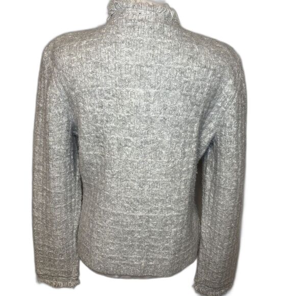Express Gray Bouclé Knit Button-Down Cardigan Blazer Fringe Trim Womens - Picture 2 of 8